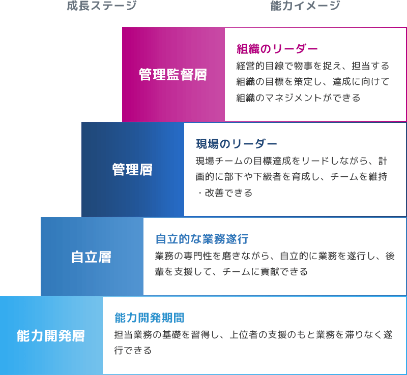成長ステージと能力イメージを表す図。成長ステージごとに能力開発層、自立層、管理層、管理監督層の4層がある。能力開発層は「能力開発期間:担当業務の基礎を習得」、自立層は「自立的な業務遂行:業務の専門性を磨き、チームに貢献」、管理層は「現場のリーダー:部下を育成しながら目標達成をリード」、管理監督層は「組織のリーダー:組織目標を策定しマネジメント」といった能力イメージが階層的に示されている。